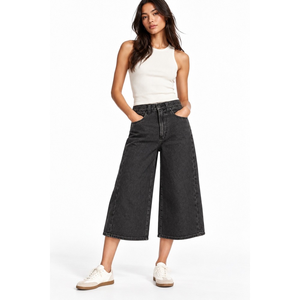 Uniqlo Denim Culottes Women 25 Dark Gray Wide Leg Cropped Jeans New